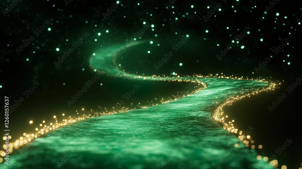 Poster a luminous, winding river glows with shimmering green light and surrounded by sparkling particles, c