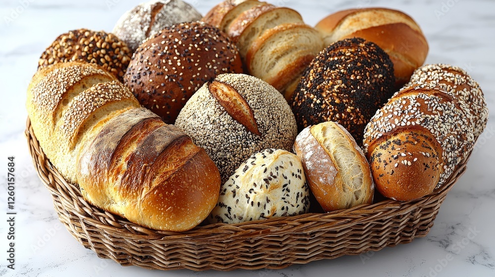 Poster an appealing array of artisan breads artistically arranged in a woven basket that highlights the nat