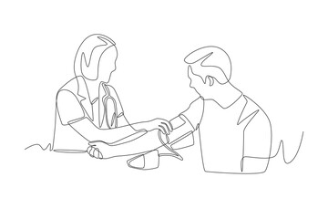 Doctor checks patient's blood pressure. Taking blood pressure concept one-line drawing