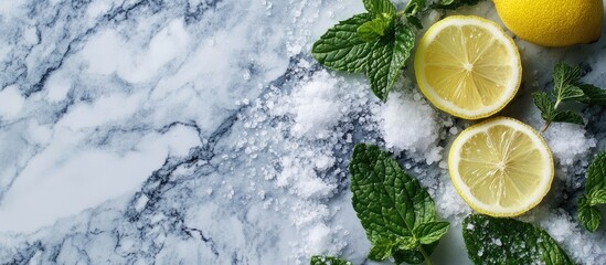 Lemon balm leaves and fresh lemon slices with sea salt on a vivid marble background create a refreshing and natural aesthetic in green and yellow tones.