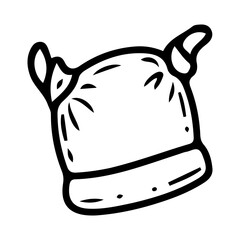 Cotton newborn cap with knot. Hand drawn doodle. Headdress. Hat baby. Little child clothes. Childhood. Vector line art illustration.