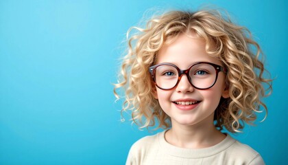 A blue-eyed, curly-haired blonde girl in a beige sweater on a blue background. Space for text.

