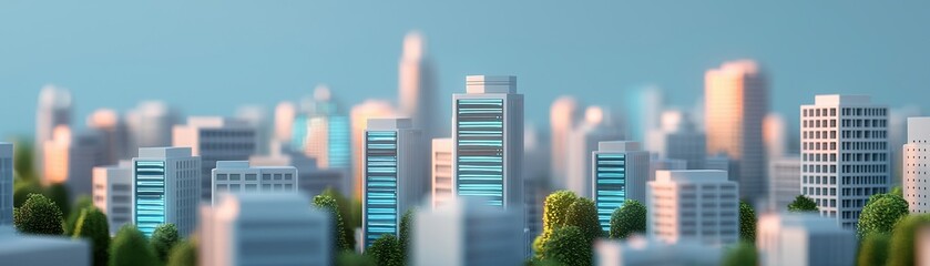 Fototapeta premium A vibrant city skyline featuring modern buildings, greenery, and a clear blue sky, creating a lively urban atmosphere.