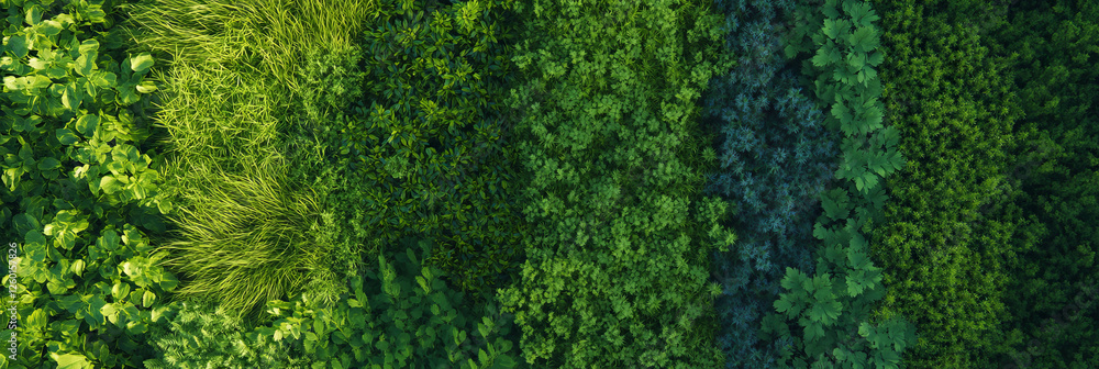 Poster exploring the vibrant texture of a mixed green meadow from above
