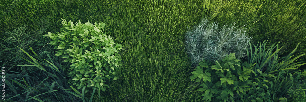 Poster vibrant mixed green meadow showcasing diverse grass types and textures from a top view perspective