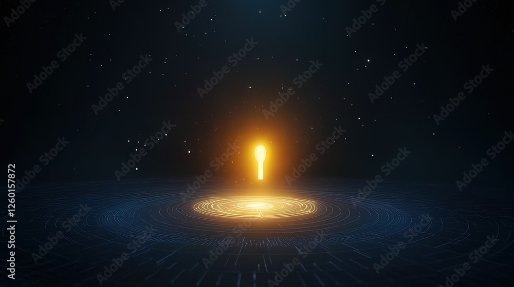 Poster a glowing orange light emanates from a circular base, surrounded by a dark, starry background, creat