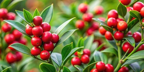 Close-up of Ruscus aculeatus sprouts with red berries, botanical, nature,  botanical, nature