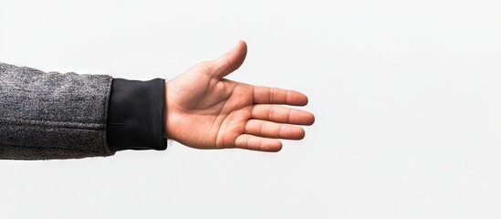 Obraz premium Hand extending for a handshake on a neutral white background, featuring a casual grey sleeve and an outstretched palm, conveying warmth and welcome.