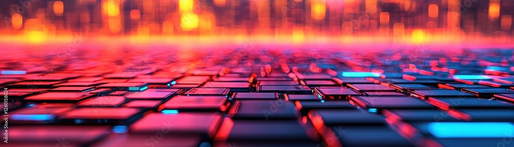 Aufkleber a vibrant, abstract depiction of a keyboard-like surface illuminated by colorful lights, creating an