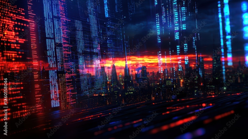 Poster a futuristic digital landscape featuring glowing lines and abstract patterns, evoking a sense of adv