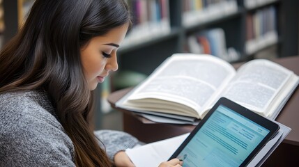 Woman studies using a tablet and large open book