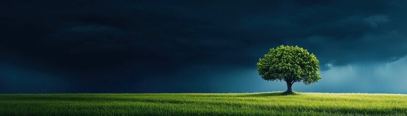 Obraz premium Lone tree under a dramatic sky, contrasting against a vibrant green field.