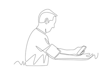Man checks blood pressure connected to smartphone. Taking blood pressure concept one-line drawing