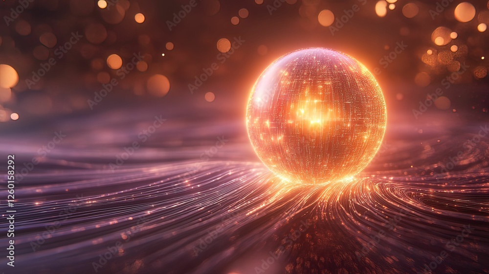 Poster a glowing orb floats above flowing waves, illuminated by warm light, creating a mesmerizing and futu