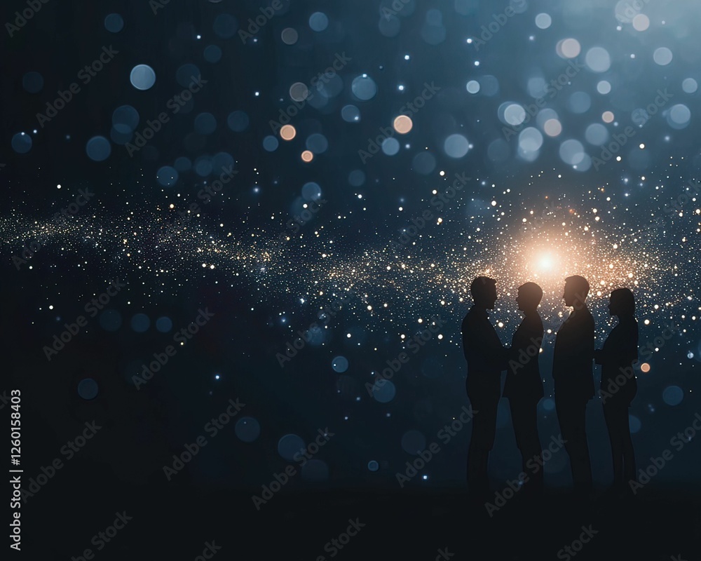 Poster silhouettes of four people stand against a dark background filled with sparkling lights, creating a 