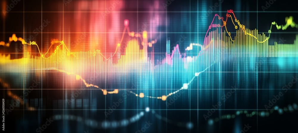 Poster vibrant financial chart bar and line graphs with colorful gradient on a dark background