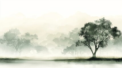 Obraz premium A serene landscape featuring misty trees and a tranquil atmosphere, evoking a sense of peace and nature's beauty.