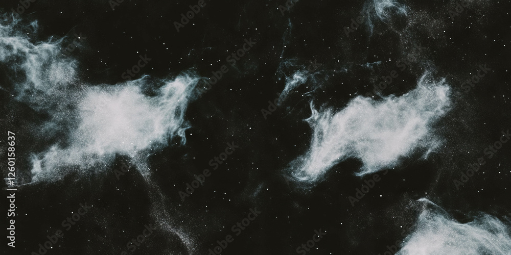 Poster mottled black and white texture with blurred swirling patterns on dark background