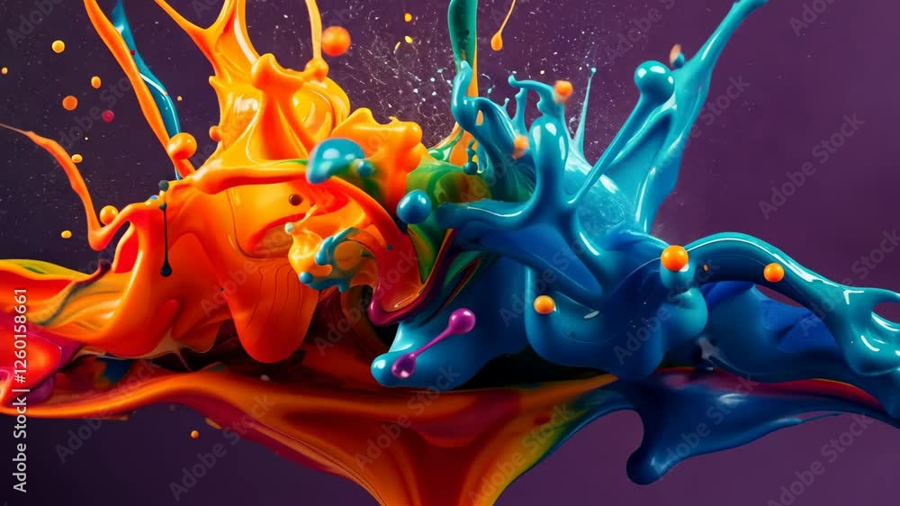 Poster bright splashes of orange, blue, and green paint collide and merge in an abstract display, creating 