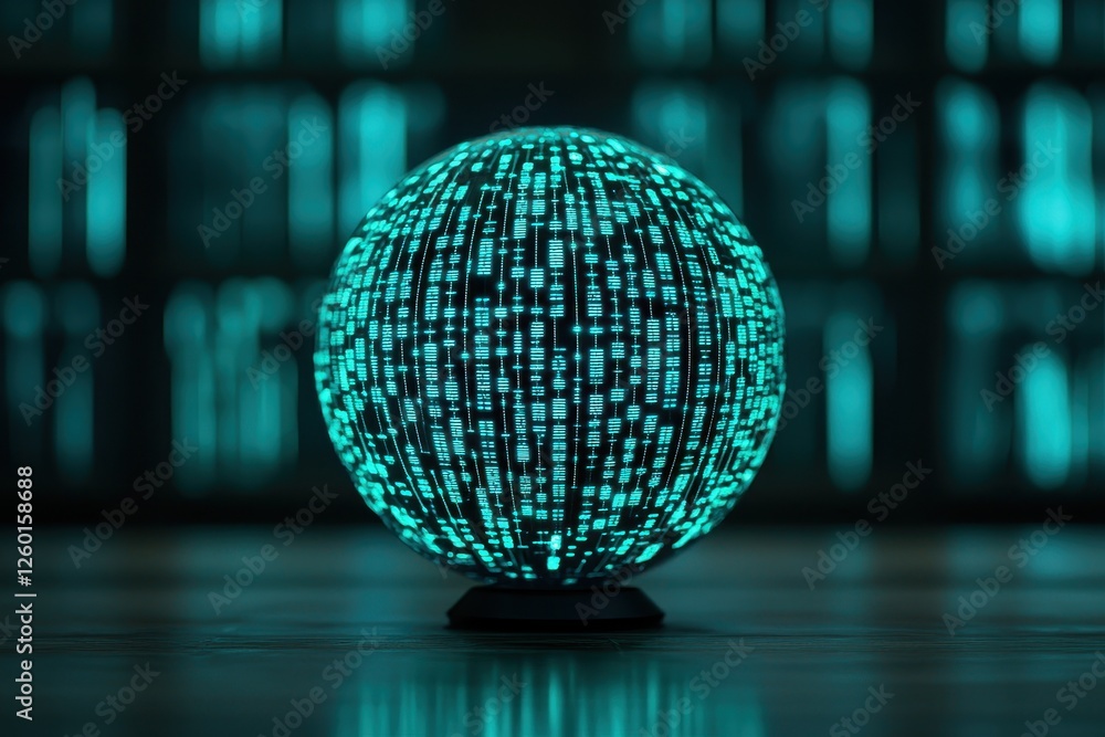 Poster a glowing digital sphere composed of binary code, set against a blurred background, creating a futur