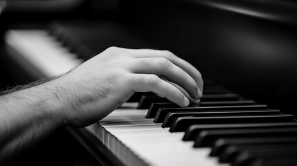 Pianist's hand playing keys, close-up, monochrome, music background