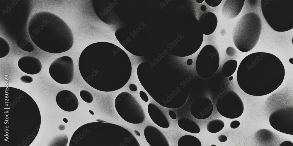 Poster mottled black and white texture featuring dense dots and dark shadows on a black background