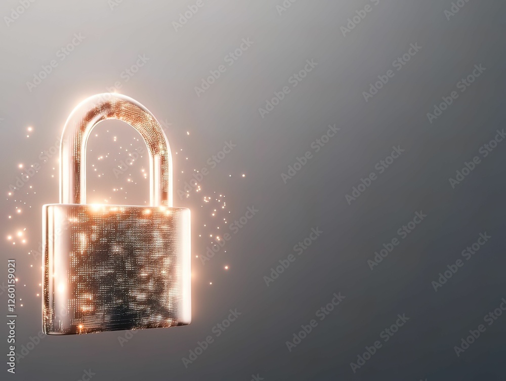 Poster a glowing padlock surrounded by sparkling effects, symbolizing security and protection in a digital 