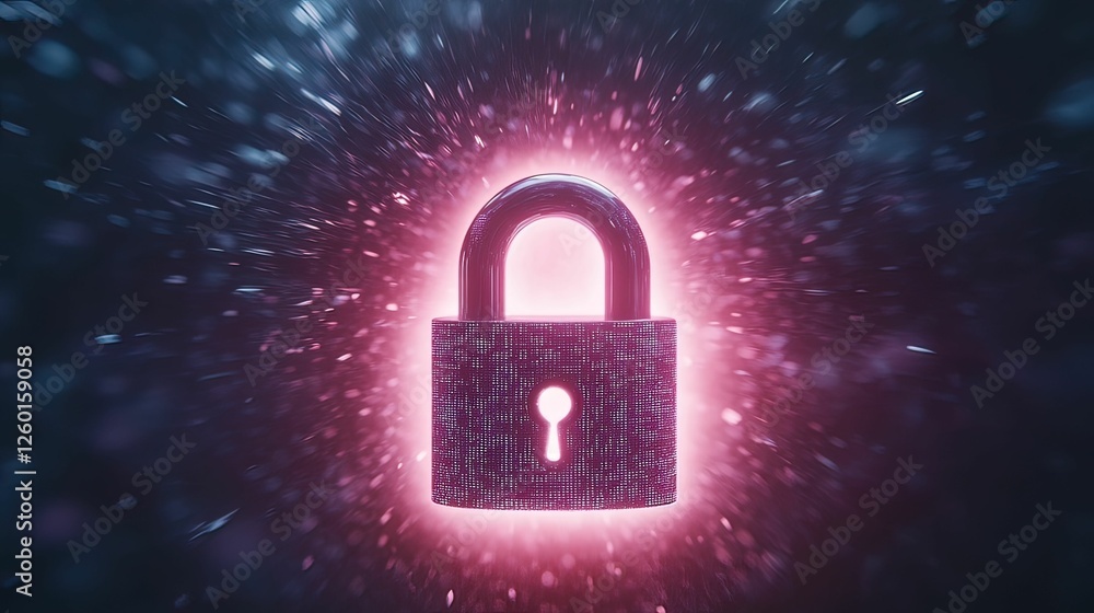 Poster a glowing digital padlock symbolizes cybersecurity and data protection, surrounded by vibrant partic