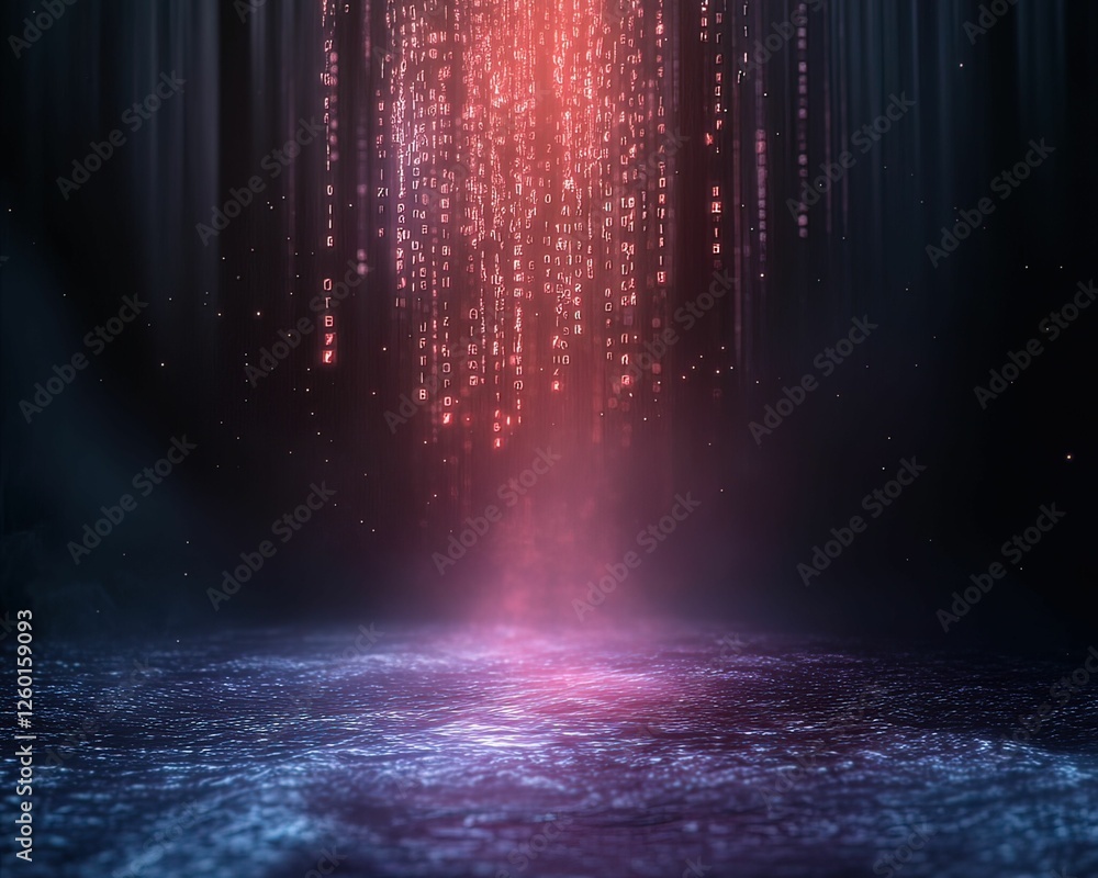 Poster a mesmerizing cascade of light streams downward, creating a vibrant interplay of colors against a da