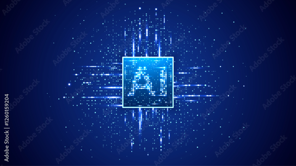 Poster AI semiconductor chip with light glowing pixel elements on technology background. Artificial Intelligence concept. Tech blue bg. Abstract circuit with data flow. Digital vector futuristic illustration