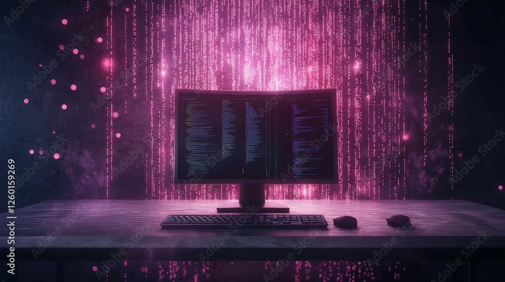 Poster a sleek computer monitor displays vibrant digital code against a backdrop of cascading pink lights, 
