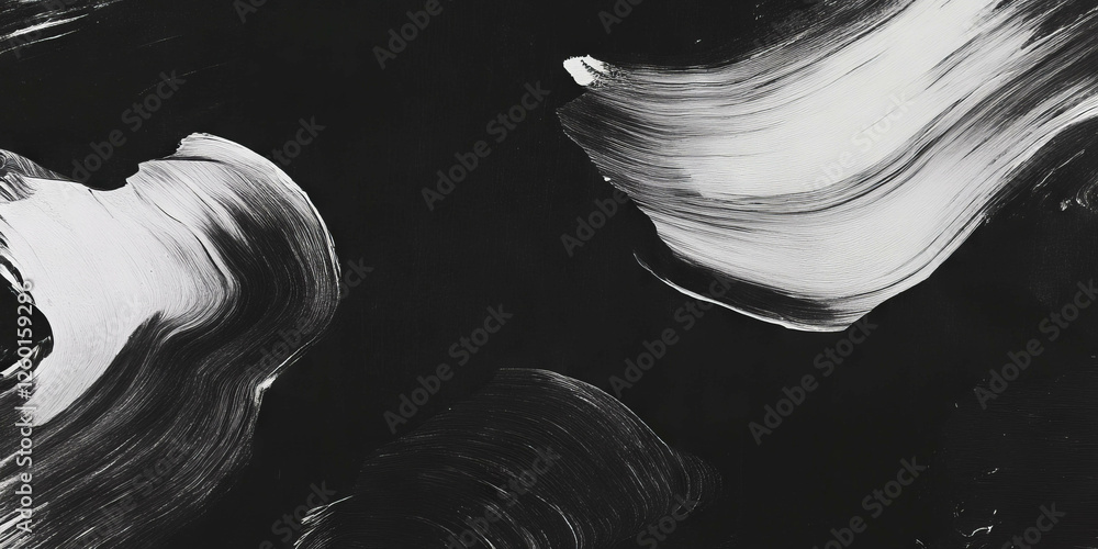 Poster mottled black and white textured shapes create soft contrast against a dark background