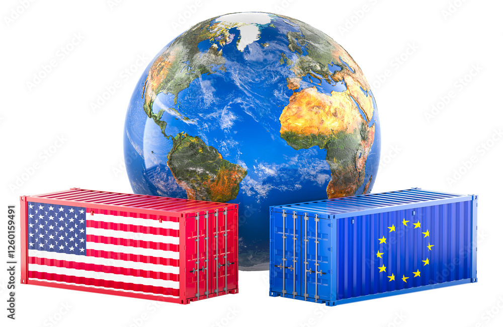 Poster the us and the eu trade and tariffs agreement concept, 3d rendering isolated on transparent backgrou