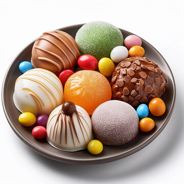 un plato con dulces confites golosinas caramelos azucarado sobre fondo blanco