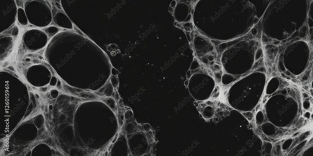 Poster mottled black and white texture with overlapping speckled areas and soft lighting in dark background