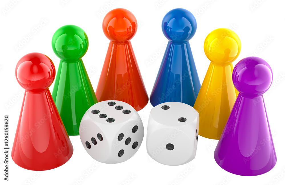 Poster board game pieces colored and dice, 3d rendering isolated on transparent background