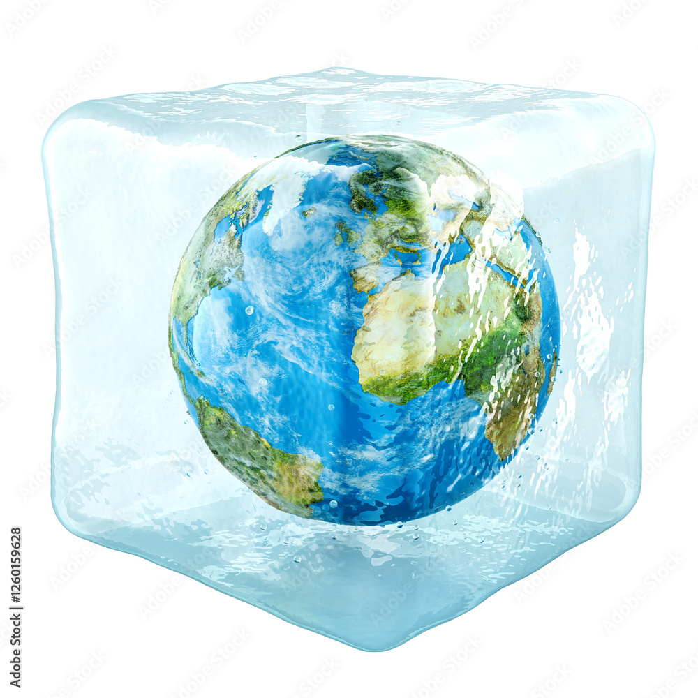 Poster earth globe frozen in ice cube, 3d rendering isolated on transparent background