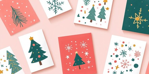 Obraz premium Design Festive Holiday Cards: Create Winter Wonderland Scenes with Snowflakes, Trees, and Stars for Joyful Celebrations.