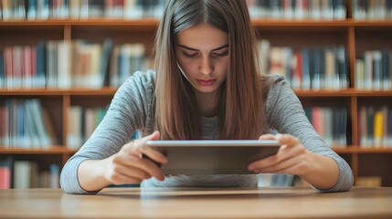 Young woman using a tablet device in library setting