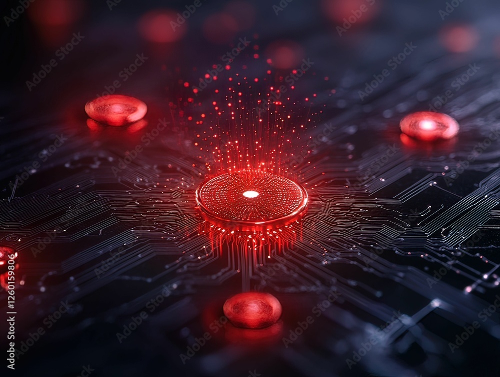 Poster a digital circuit design featuring glowing red nodes, emanating particles, set against a dark backgr