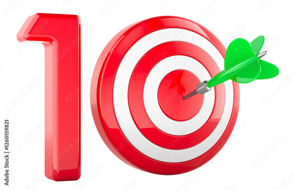 Poster target 10 with arrow in bullseye, success and achievement concept. 3d rendering isolated on transpar