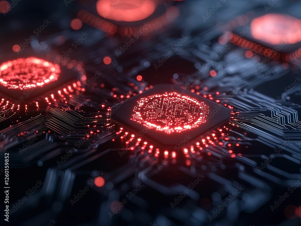 Poster a close-up of a circuit board with glowing red microchips, highlighting intricate details and techno