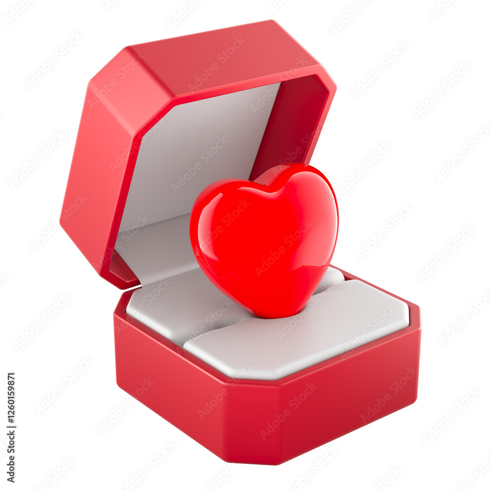 Poster red heart inside ring box, 3d rendering isolated on transparent background