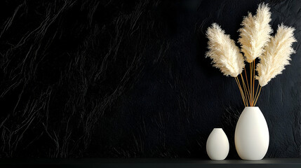 Pampas grass in vase, dark wall background, interior design