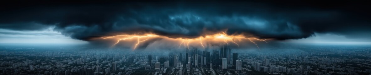 Fototapeta premium Intense storm clouds illuminated by lightning over a sprawling cityscape during dusk