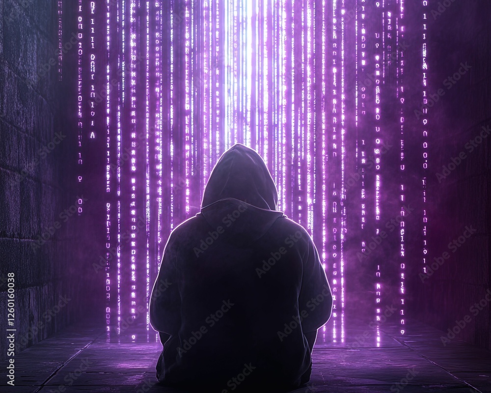 Poster a hooded figure sits in front of a vibrant purple light display, creating a mysterious and tech-insp