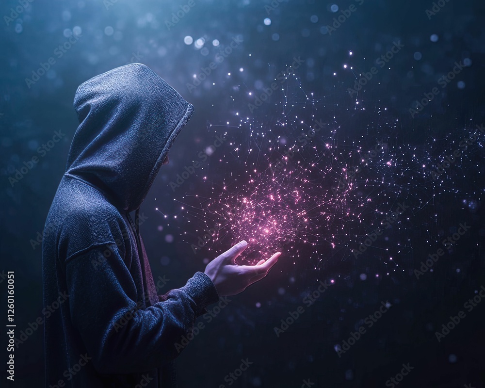 Poster a mysterious figure in a hoodie holds shimmering particles of light, creating an aura of magic and i
