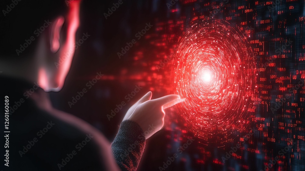 Poster a person interacts with a glowing red orb in a digital environment, symbolizing technology, data, an