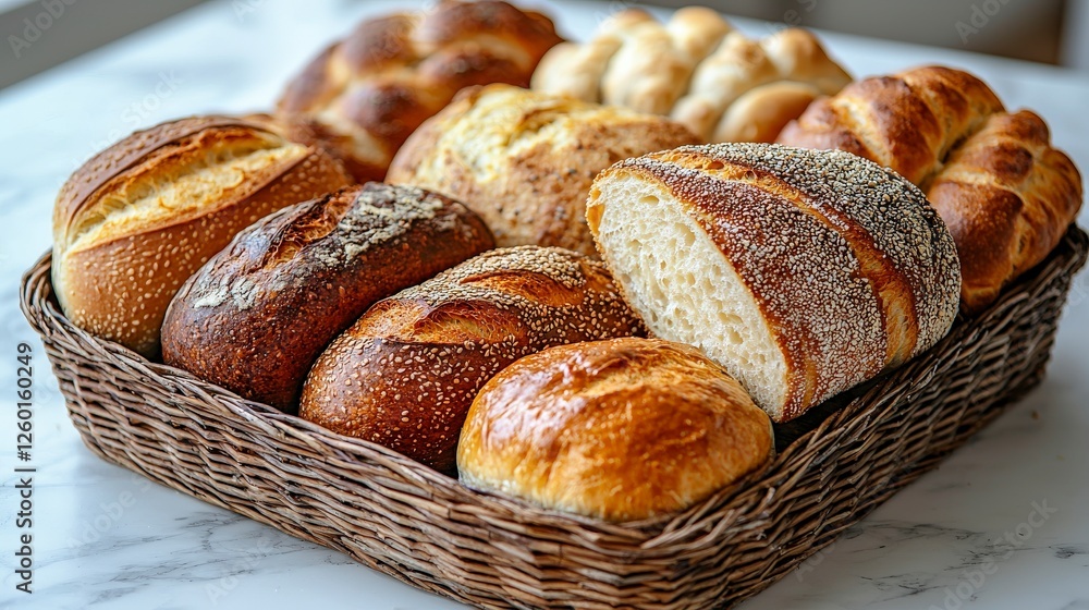 Poster a collection of various artisanal breads elegantly arranged in a woven basket, demonstrating rustic 
