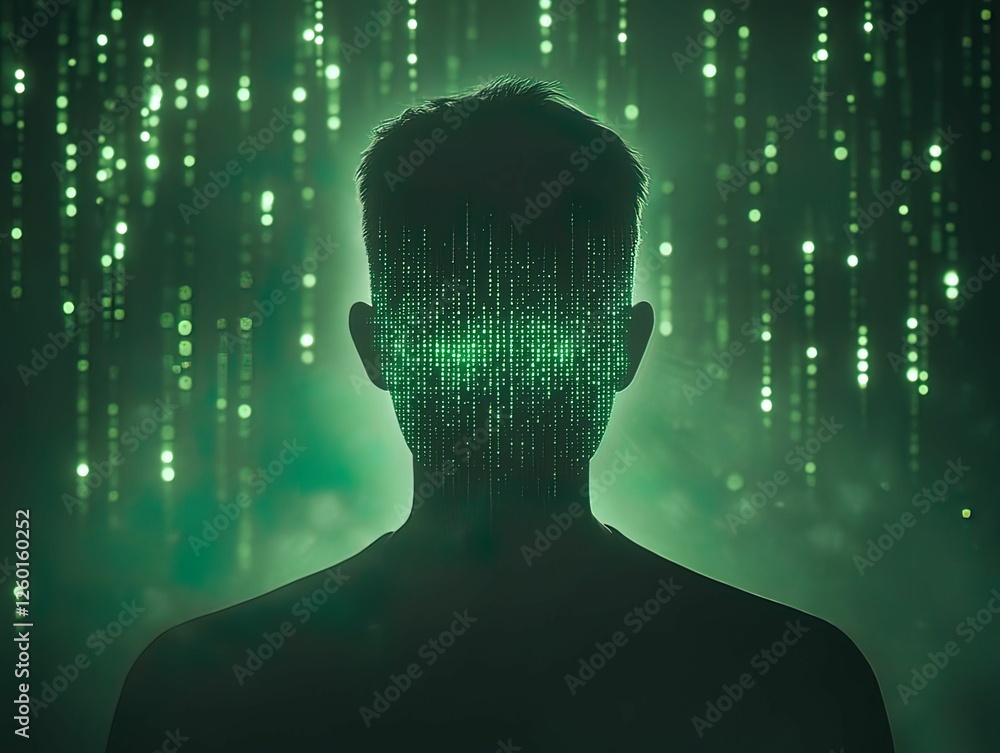Poster a silhouette of a person with a digital matrix pattern on their face, set against a backdrop of casc